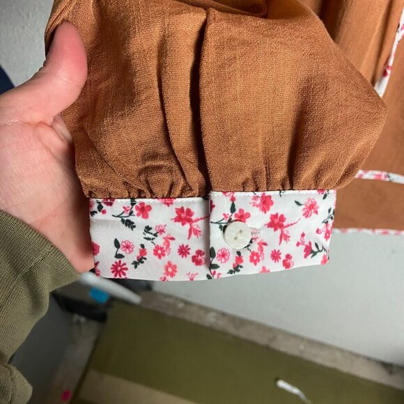 Boho Orange Split Neck Pleated Floral Trim Long Puff Sleeve Blouse Top Prairie - Picture 4 of 6